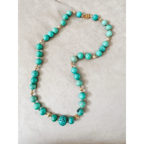 Vintage Chinese Turquoise Carved Shou Bead Strand Gold Plated Necklace - Picture 1 of 5